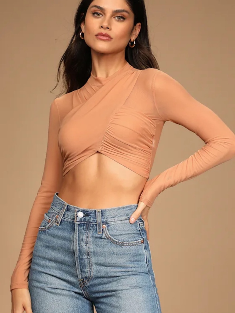 Lulu’s Season of Sultry Peach Mesh
Cross-Front Long Sleeve Crop Top XS